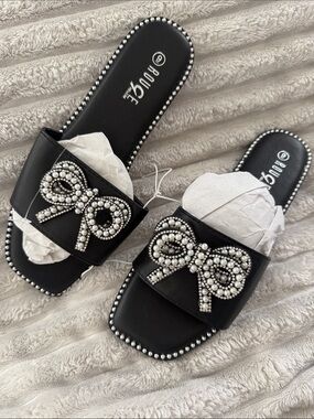 Rogue Black Pearl Bow Slide Sandals with Stud Trim